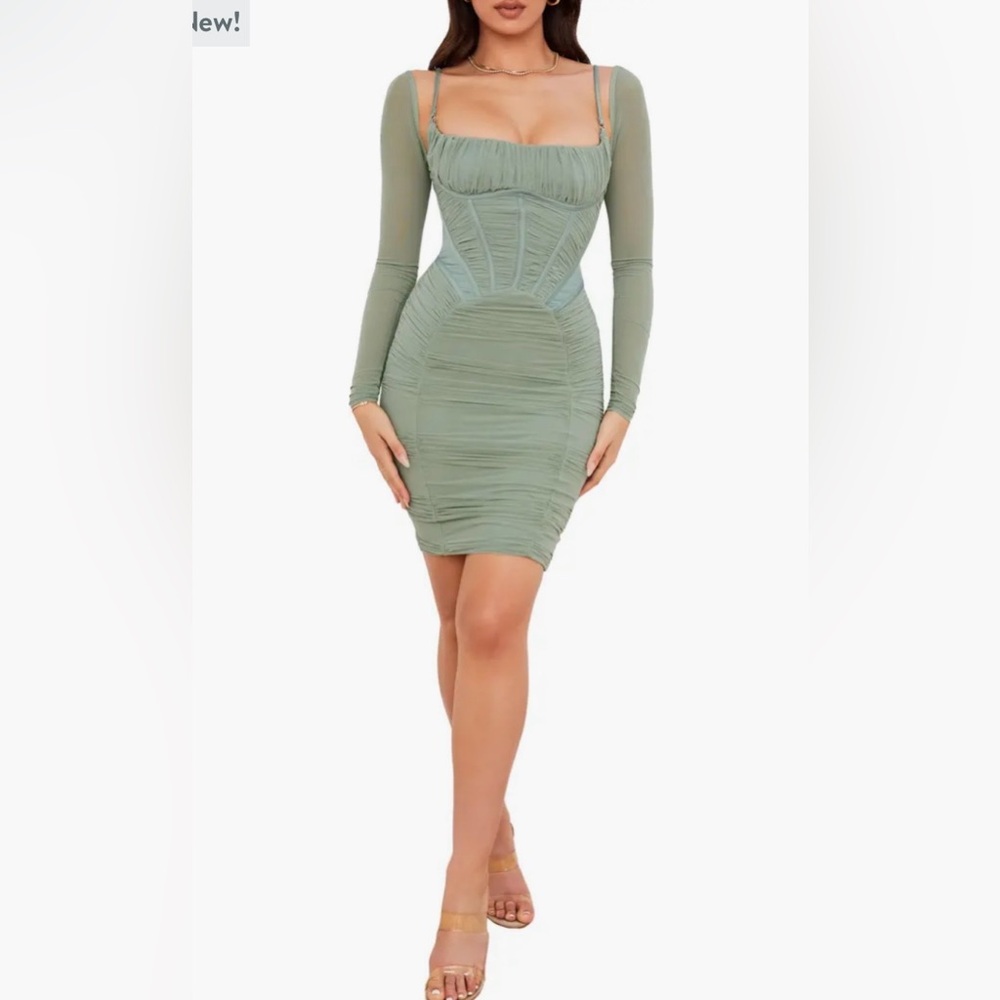 NWT $239 House of CB Freyja Satin Ruched Long Sleeve Body-Con Green Gathered C